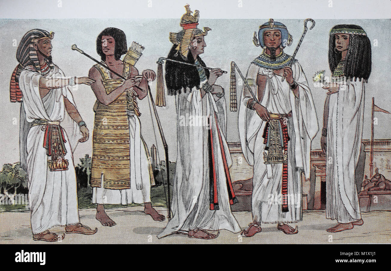 Clothing in Ancient Egypt, New Kingdom 1600-1100 BC, from the left, the king with the headdress of the Uraeus snake, a servant or runner of the king, queen of the 19th dynasty, a king with blue wig, diadem with uraeus snake, artificial beard, collar, Belt ornament and two celts, and a princess with wig and ribbon, digital improved reproduction of an original print from the 19th century Stock Photo