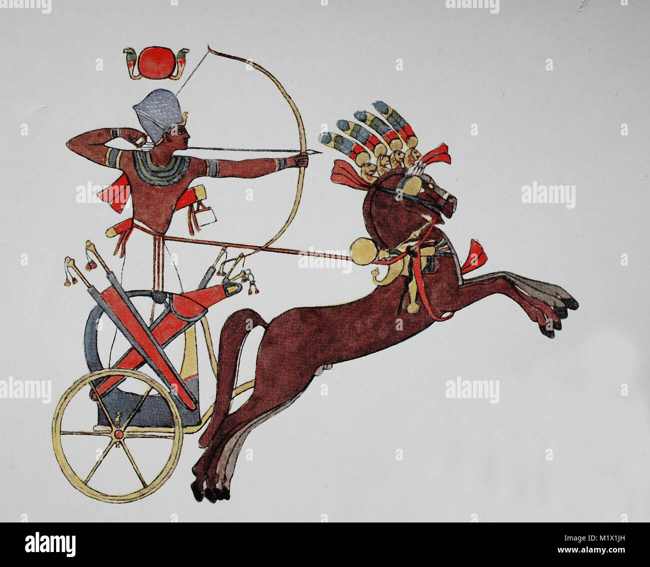 Clothing in Ancient Egypt, New Kingdom, Late Period, Ramesses, Ramses II, 1324-1258 BC, on the chariot, the king as an archer, digital improved reproduction of an original print from the 19th century Stock Photo