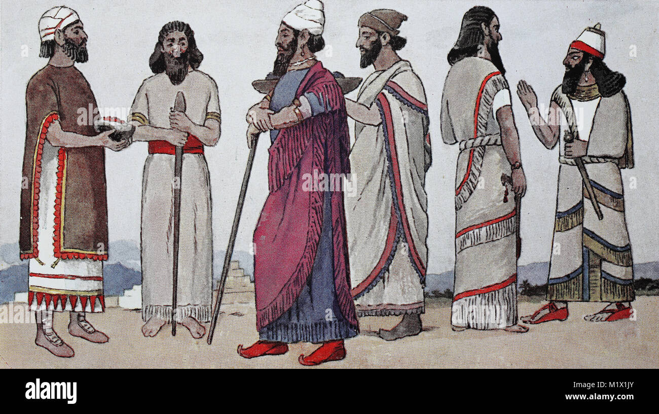 Clothing fashion in Assyria, 12-7 century BC, sacrifice robes, from left, man from northwest Mesopotamia brings tribute, a citizen of Nineveh, Prince of Murzi, now Kurdistan, then a man brings tribute to King Jehu of Palestine, then King Assunassirpal in the sacrificial mantle and King Salmanassar III, 860-825 BC, also in the sacrificial mantle, digital improved reproduction of an original print from the 19th century Stock Photo