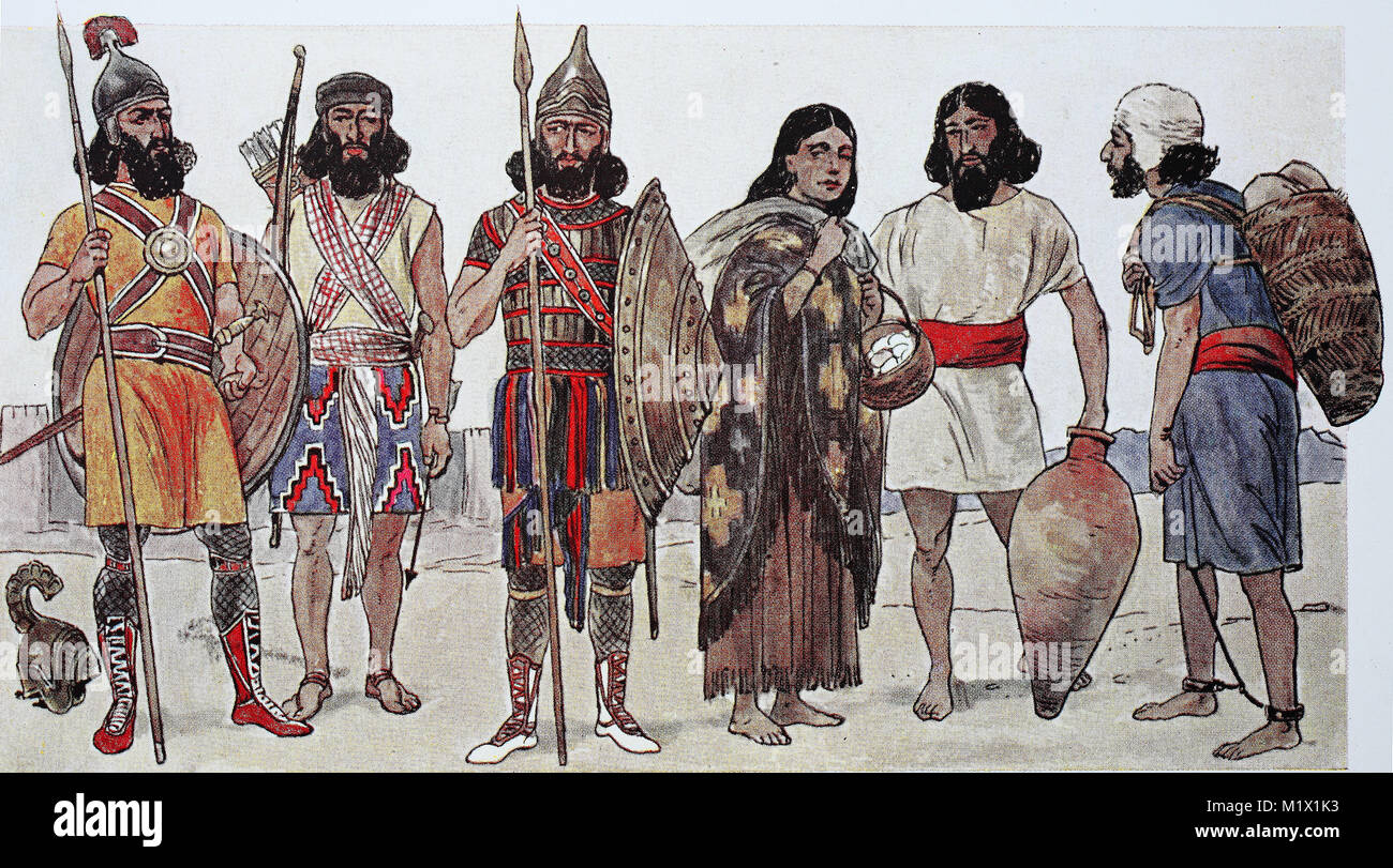 Dress fashion of warriors in Assyria, 12-7th century BC, from left, warrior with metal helmet, a lightly armed archer, a heavily armed archer with metal platinum armor, woman of the people, short-sleeved man and prisoner with fleece cap, digital improved reproduction of an original print from the 19th century Stock Photo
