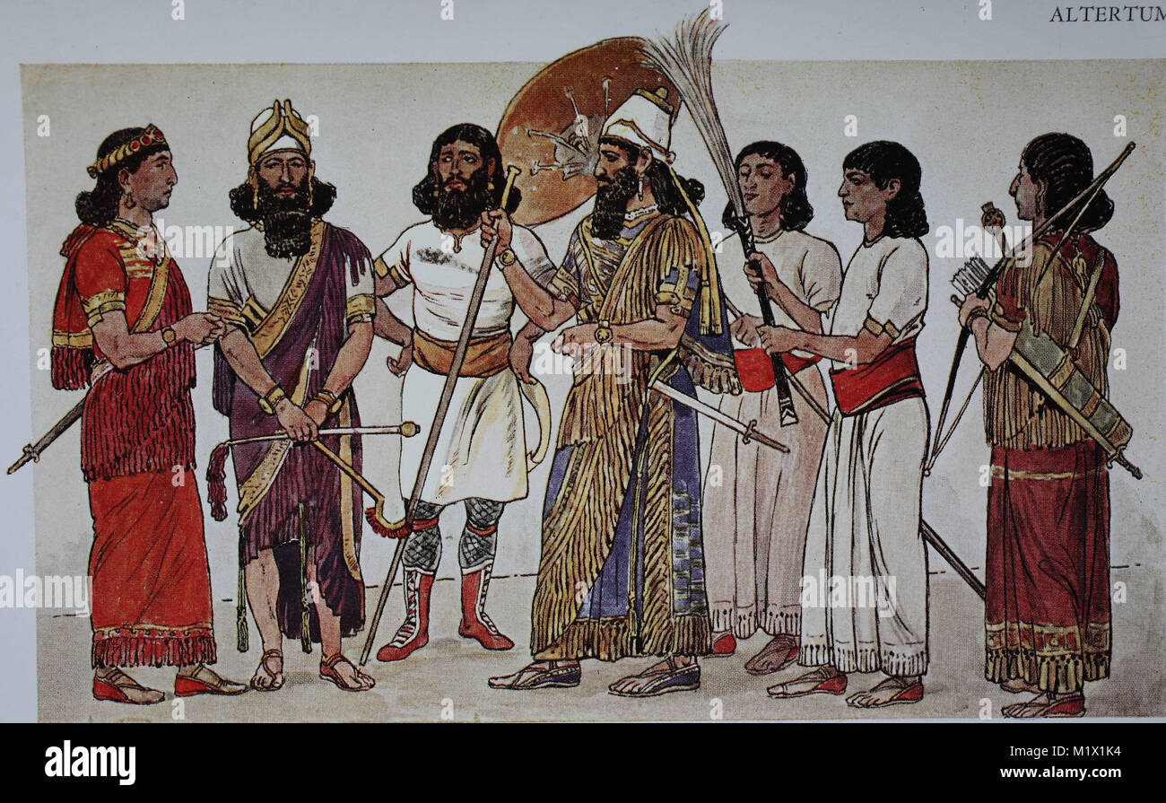 Dress fashion of the king and his entourage in Assyria, 12-7 century BC, from left, high dignitaries with long shirt robes, officiating Assyrian king as priests, plain official with boots, king with bonnet and gold ribbon, then a screen-bearer and a fan bearer, and a bow carrier of the king with skirt fringe, digital improved reproduction of an original print from the 19th century Stock Photo