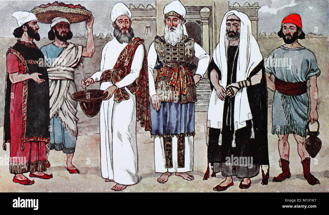 Hebrew apparel fashion in antiquity, from left, a Hebrew in a short-sleeved, long shirt, then a street vendor with a fringe coat, a priest with the sacrificial blood, a high priest in priestly dress, a Hebrew with a prayer jacket and prayer belt and a simple man in a fringed shirt with Sash and boots, digital improved reproduction of an original print from the 19th century Stock Photo