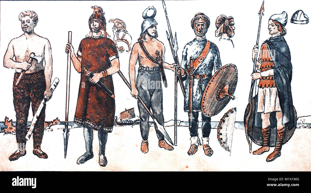 Dress fashion of the Vikings and Normans, from the left a Viking in fur  pants and one with bronze helmet and smock with patterned edge, then two  Scandinavian Norsemen from the 7th -