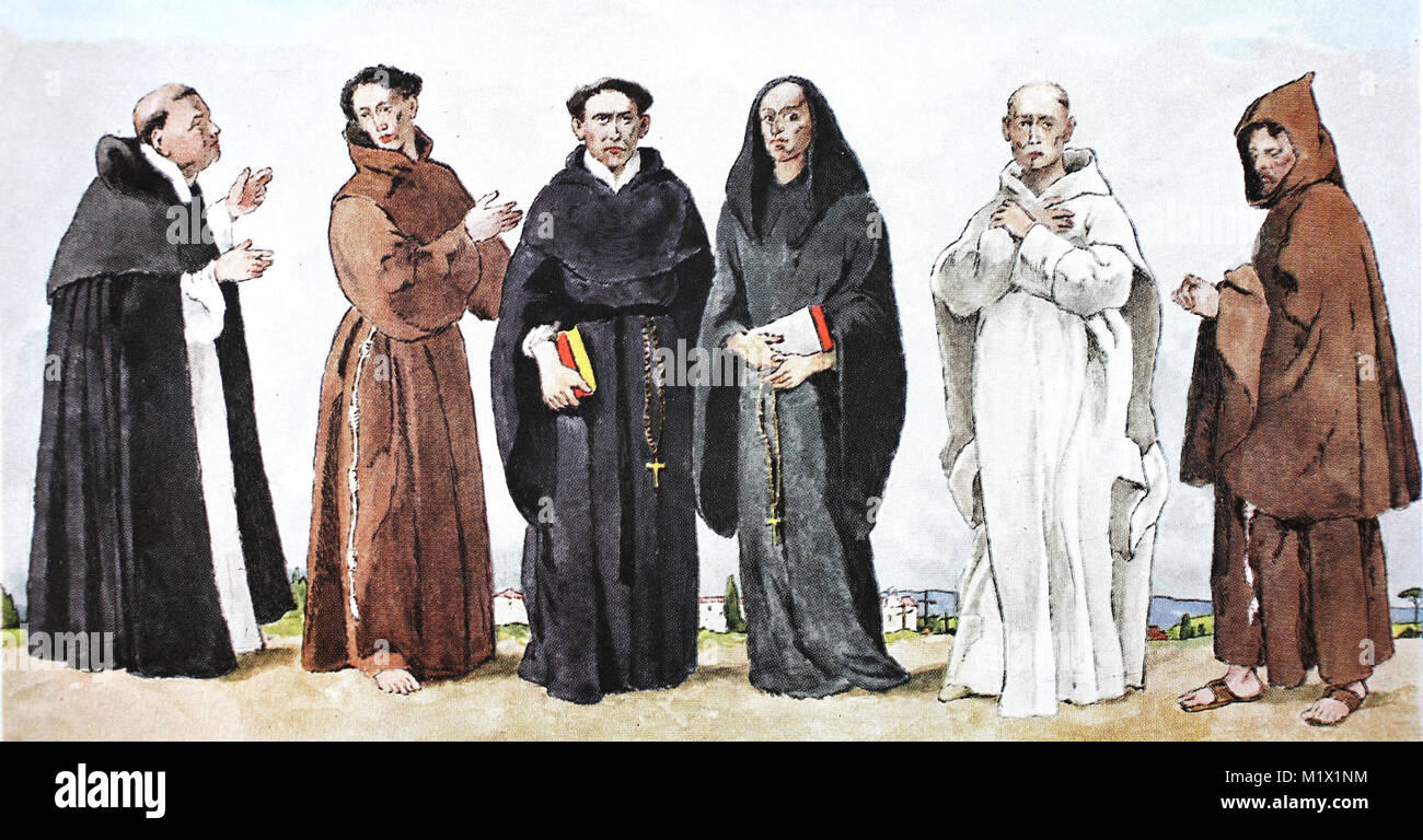 Clothing, fashion of the monastic orders in the Middle Ages, from the left, Carmelite in clothes to go out, Carthusian monk in a costume to go out, Carthusian monk in house dress, Carthusian Nun with the blessing decoration, convent of the Order of Mariae Visitation, a so-called Salesian, digital improved reproduction of an original print from the 19th century Stock Photo