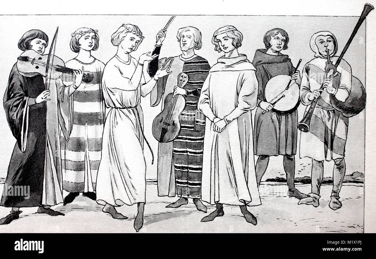 Clothing, fashion in Germany at the time of the minstrels, in the 12th - 13th centuries, singers and minstrels, simple minstrels in dance and music, digital improved reproduction of an original print from the 19th century Stock Photo