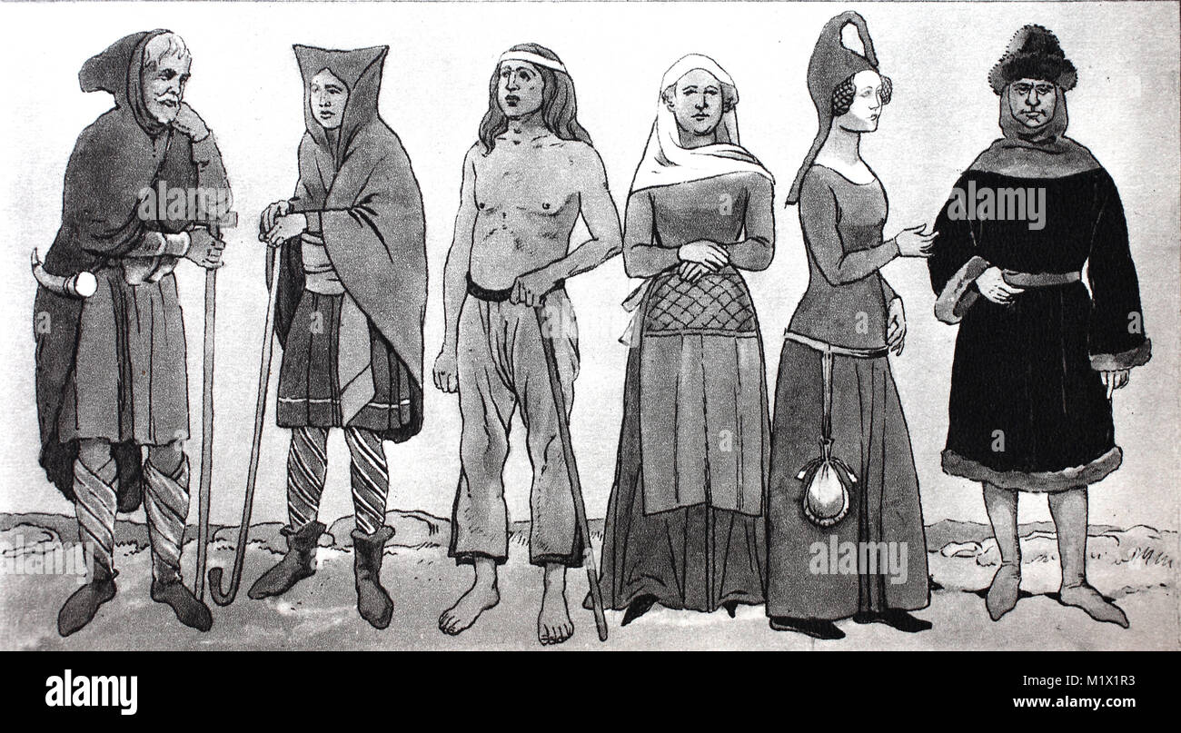 Clothing, Norman and Anglo-Saxon fashion of the 11th-14th centuries, from the left, three Norman compatriots, then two rural women wearing hooded hats and a handsome man in a fur-lined travel suit, digital improved reproduction of an original print from the 19th century Stock Photo