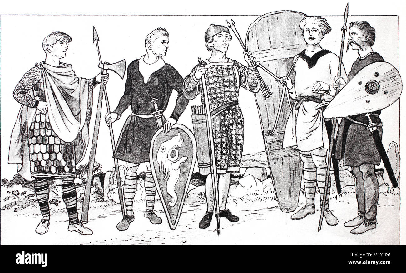 Clothing, fashion of the Norman and Anglo-Saxons of the 11th-14th centuries, the warriors, from the left, Norman warrior with a battle ax and scaly armor, a lightly armed Norman in a short coat with belt, an Anglo-Saxon archer, a Norman with a large wooden shield and a lightly armed Anglo-Saxon with mustache and long pants, digital improved reproduction of an original print from the 19th century Stock Photo
