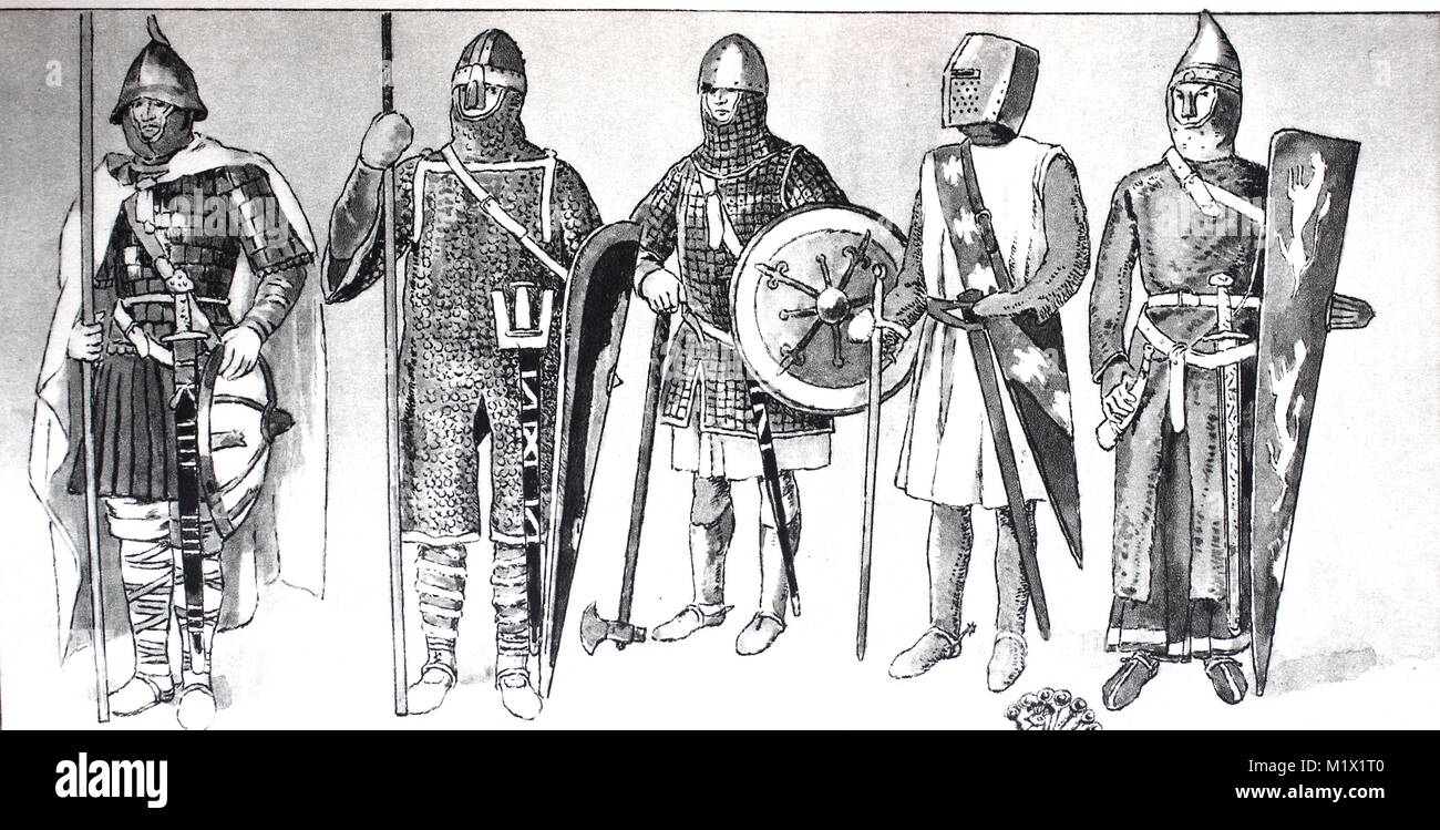 Clothing, fashion, knight costumes in the Middle Ages, from the left, knight with iron helmet over leather cap and scale armor in the Carolingian period 800, knight in spangenhelm with nose guard and chainmail round shield and Streiaxt, knight with great helmet, ring armor and weapon shirt, knight in pelvic hood with nasal, armor shirt over Weapon shirt, big shield and horn, digital improved reproduction of an original print from the 19th century Stock Photo