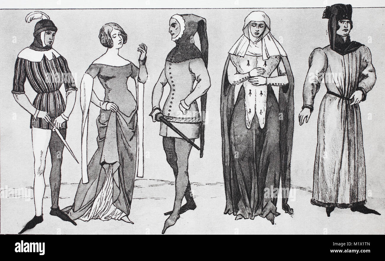 Clothing, fashion, costumes at court in France in the 14th century, from the left, a knight in a short, tight skirt, girl in a long dress, a fop in a short-sleeved skirt, a noble lady in a long dress, and a prince at the court Karl V of France in court costumes, digital improved reproduction of an original print from the 19th century Stock Photo