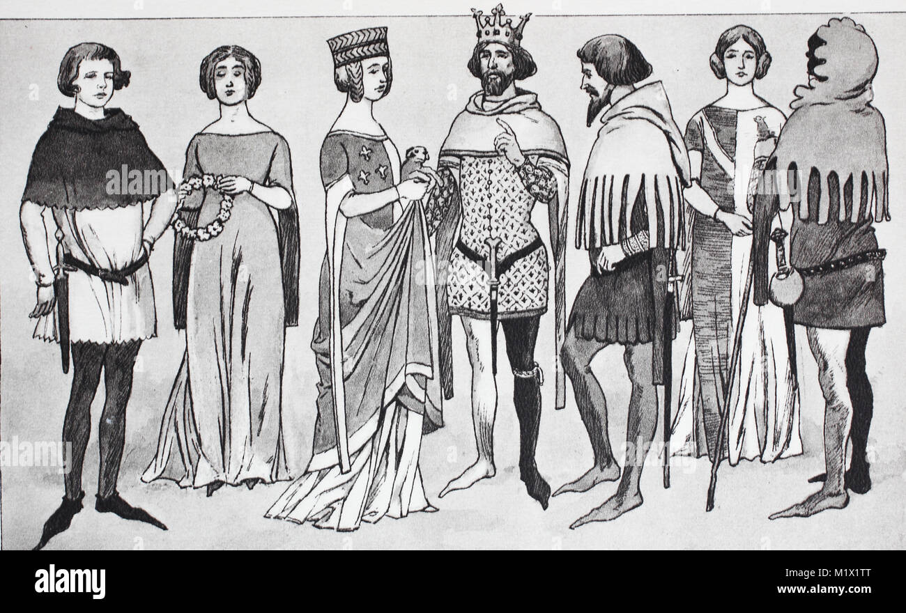 Clothing, fashion, costumes at court in France in the 14th century, from the left, a young man, girl in a long dress, princess in a high-up dress, Prince in a tight, short skirt, courtier in serrated skirt, girl in the side slit dress and a courtier in a short skirt in court costumes, digital improved reproduction of an original print from the 19th century Stock Photo