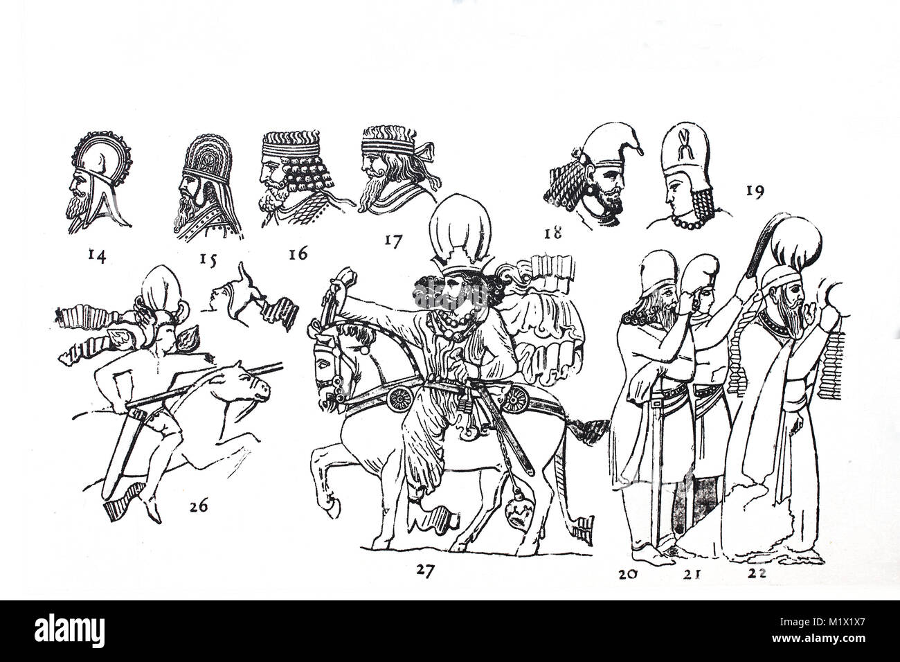 Fashion, clothing of the Sassinid period in the early Middle Ages, in Persia c. 227-636 AD, top left, Parthians with various helmets and headbands, bottom left, Sassanid rider and king with nimbus and crown, right above and below, Parther figures after Iranian rock reliefs and a long-sleeved original robe of the Parthians, digital improved reproduction of an original print from the 19th century Stock Photo