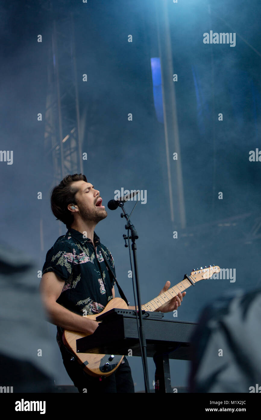 Norway, Bergen – June 17, 2017. The English indie pop duo Oh Wonder performs a live concert during the Norwegian music festival Bergenfest 2017 in Bergen. Here singer and musician Anthony West is seen live on stage. Stock Photo