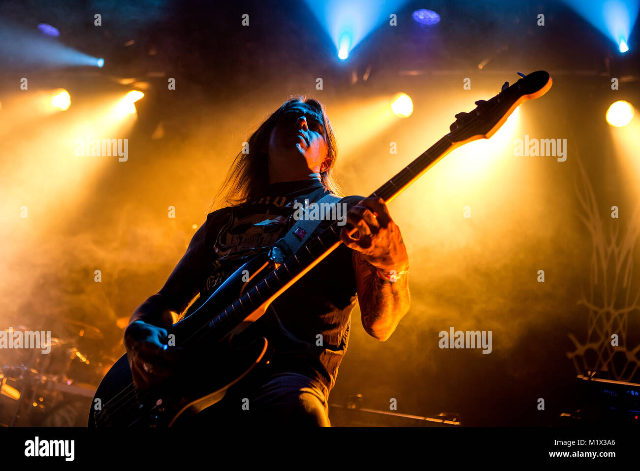 The Norwegian extreme industrial metal band Red Harvest performs a live concert at the Norwegian heavy metal festival Blastfest 2016 in Bergen. Here bass player Thomas Brandt is seen live on stage. Norway, 20/02 2016. Stock Photo