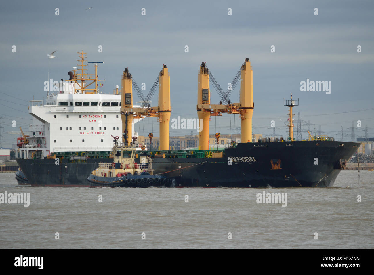 Bulk Carrier cargo ship arriving on the River Thames in London with the assistance of a tug - brining in a cargo of raw sugar cane for Tate & Lyle Stock Photo