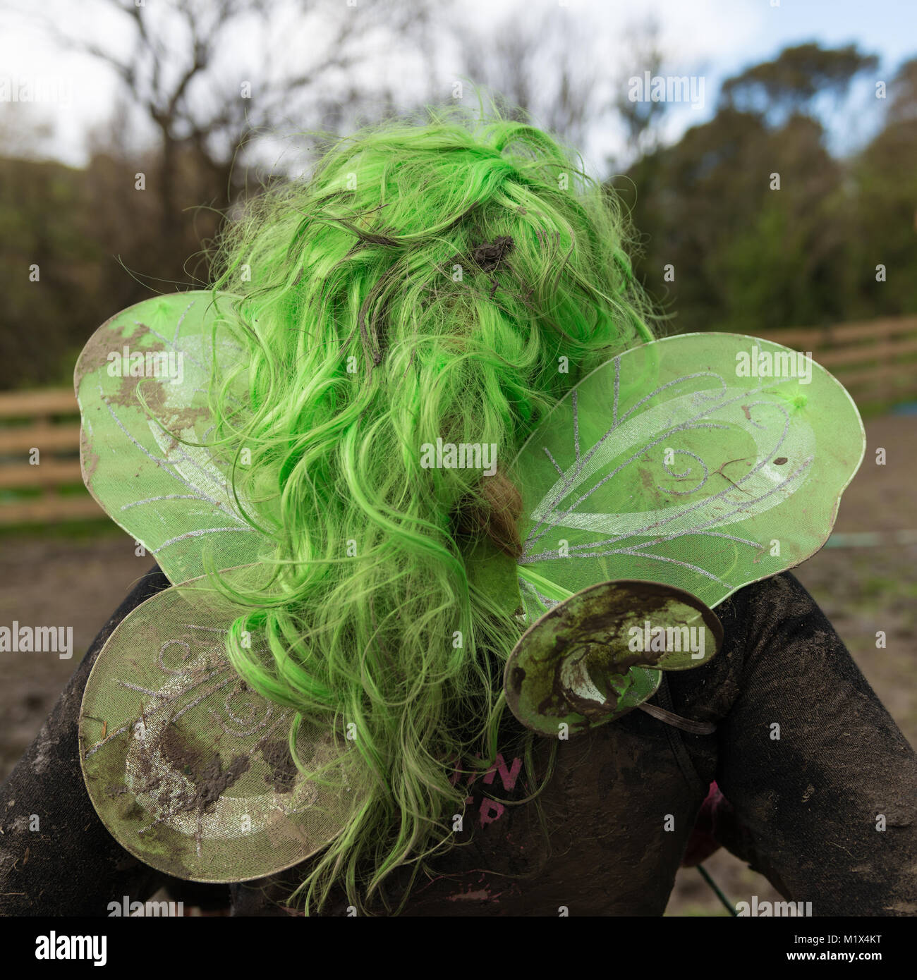 A female mud racer dressed as a fairy waits for the stragglers to get in Stock Photo