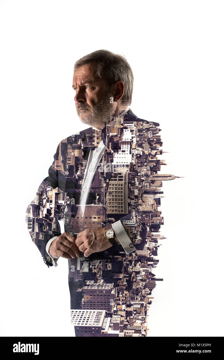 Portrait of bearded businessman. Double exposure city on the background ...