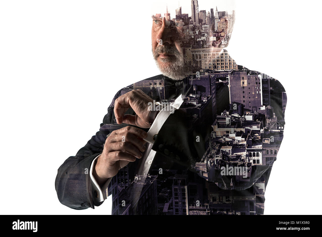 Portrait of bearded businessman. Double exposure city on the background ...