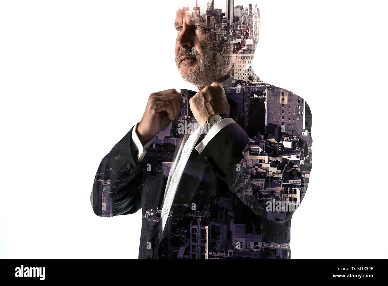 Portrait of bearded businessman. Double exposure city on the background ...
