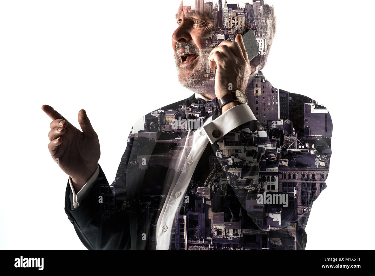 Portrait of bearded businessman smiling. Double exposure city on the ...