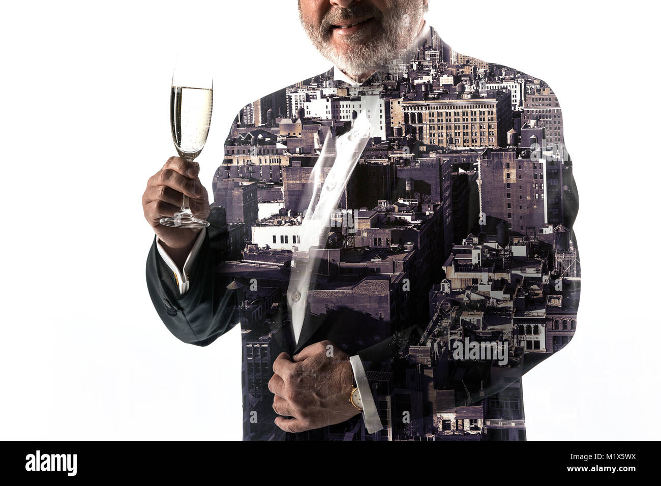 Portrait of bearded businessman. Double exposure city on the background. Stock Photo