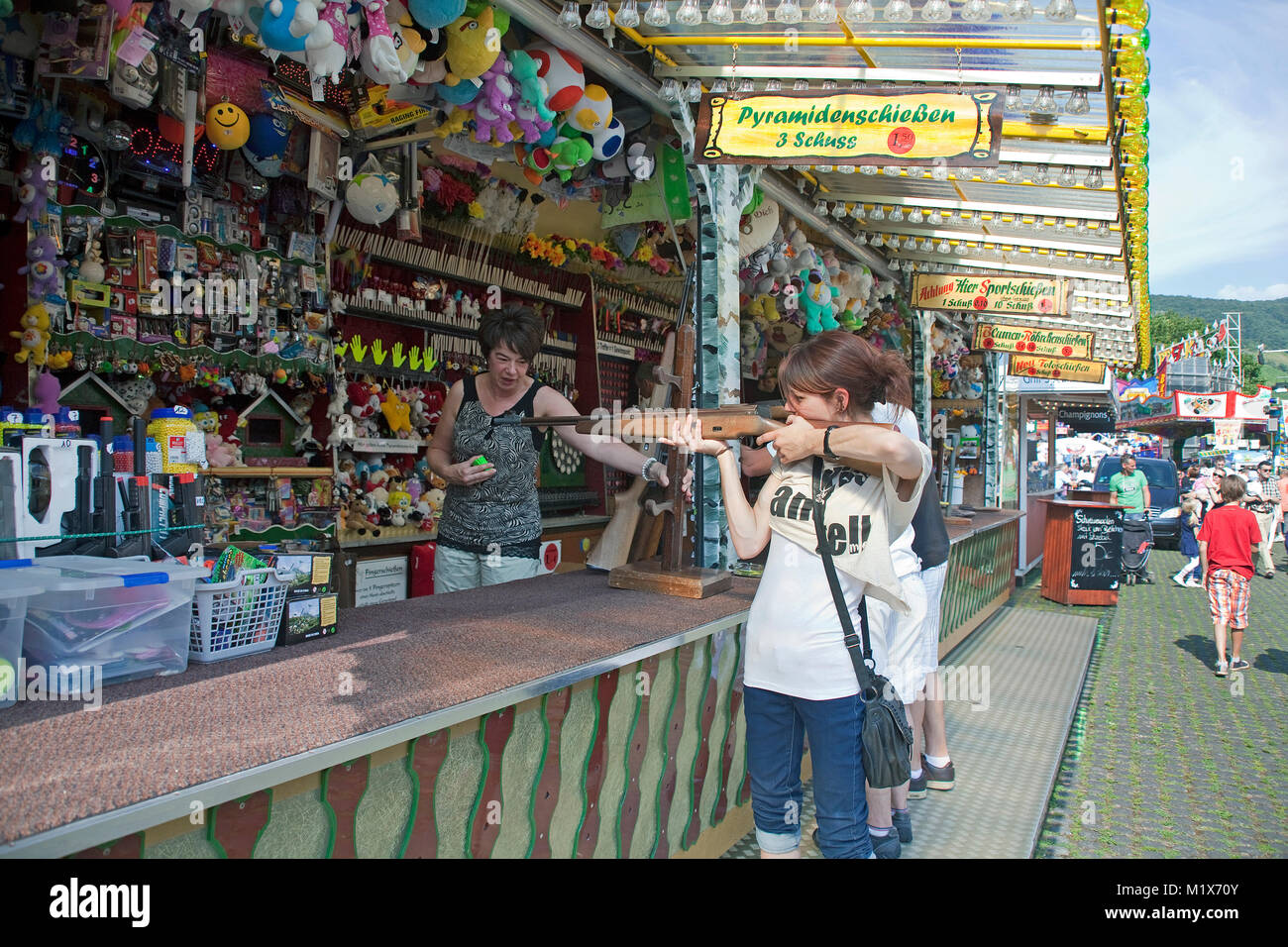 Shooting gallery at the fairground of wine village Bernkastel-Kues, Moselle river, Rhineland-Palatinate, Germany, Europe Stock Photo