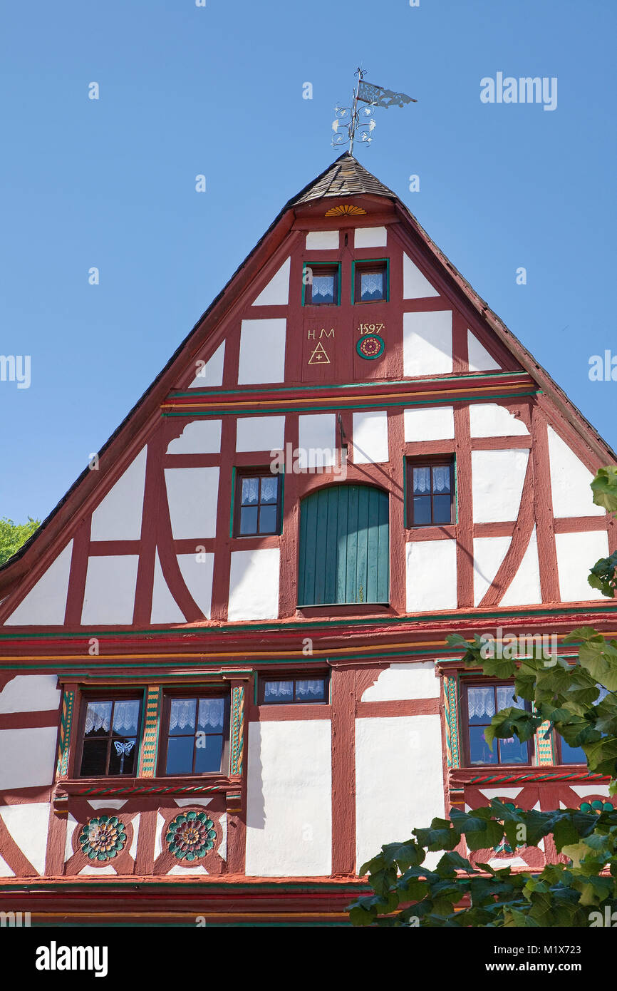 Half-timbered house facade at wine village Uerzig, Moselle river, Rhineland-Palatinate, Germany, Europe Stock Photo