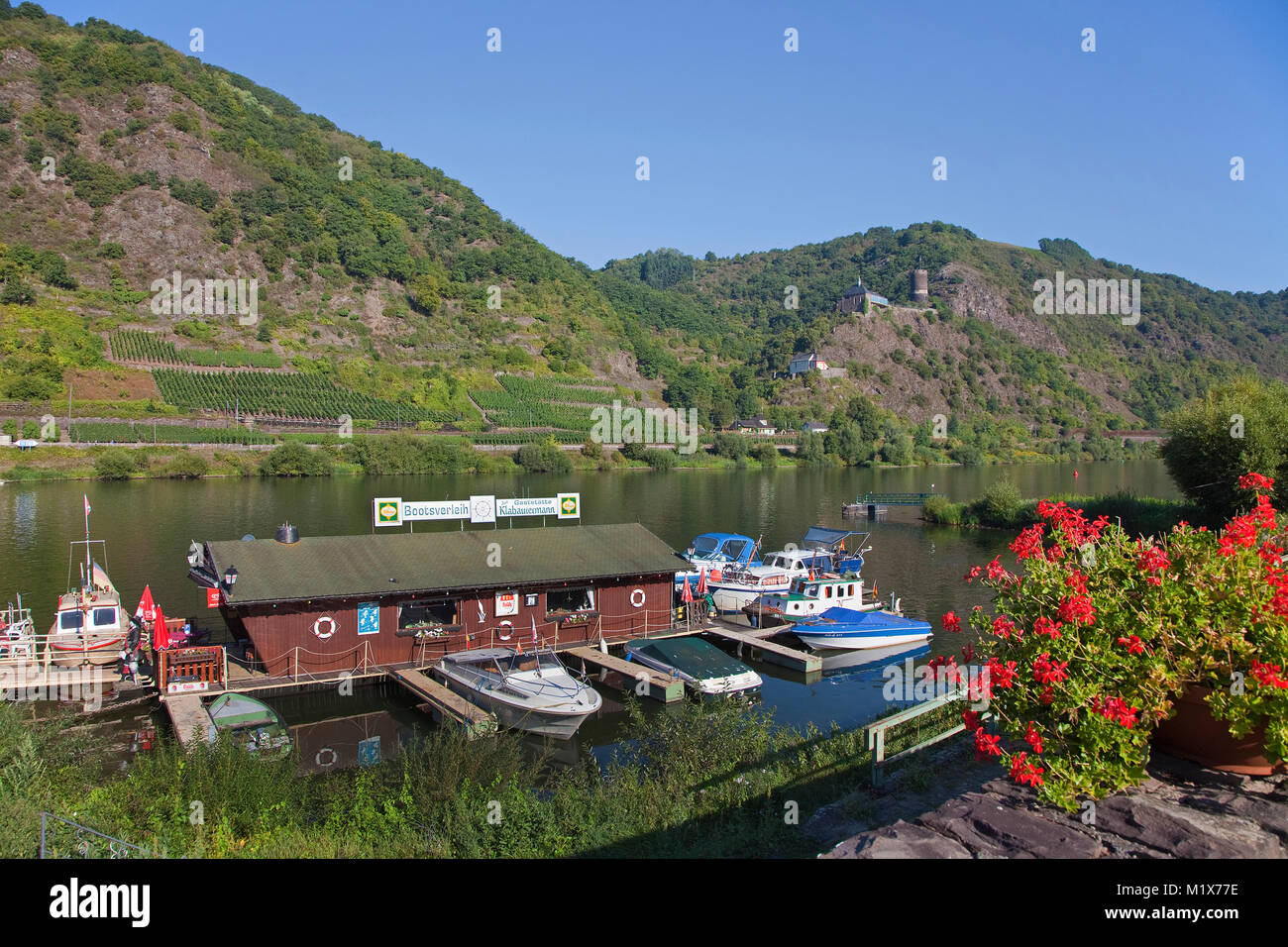 Cabin boats at mooring, spur castle Bischofstein and the chapel Saint Stefphan, Burgen, Moselle river, Rhineland-Palatinate, Germany, Europe Stock Photo