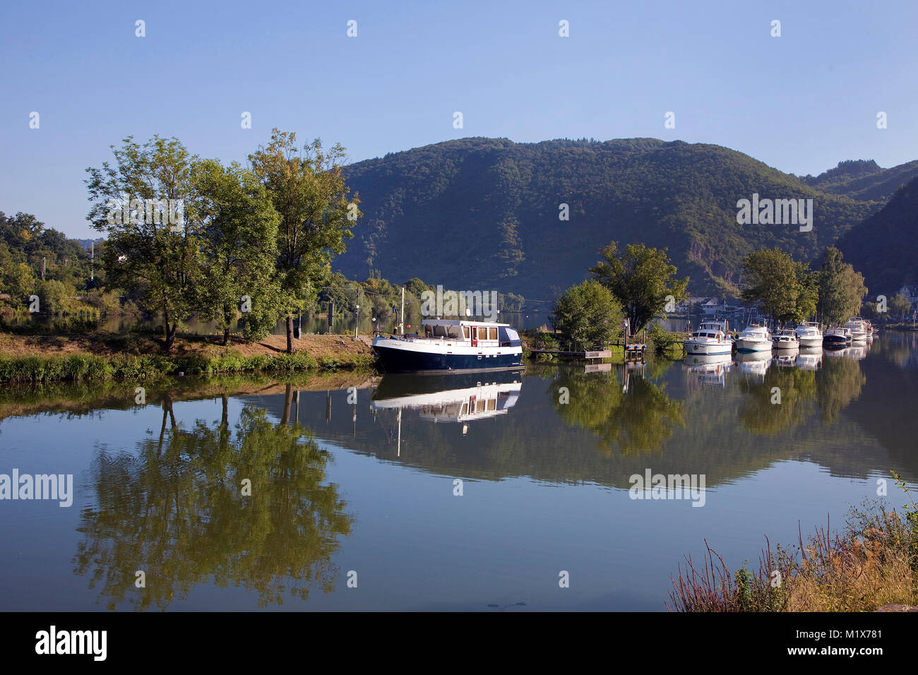 Cabin Boats At Marina Of Brodenbach Moselle River Stock Photo