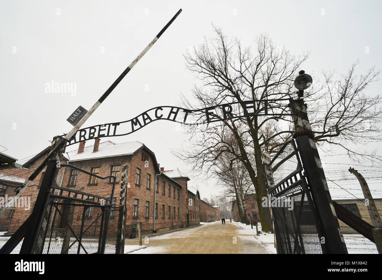 Arbeit Macht Frei (English: work sets you free) sign at the entrance near barbed wire fences and barriers inside Auschwitz I German Nazi concentration Stock Photo