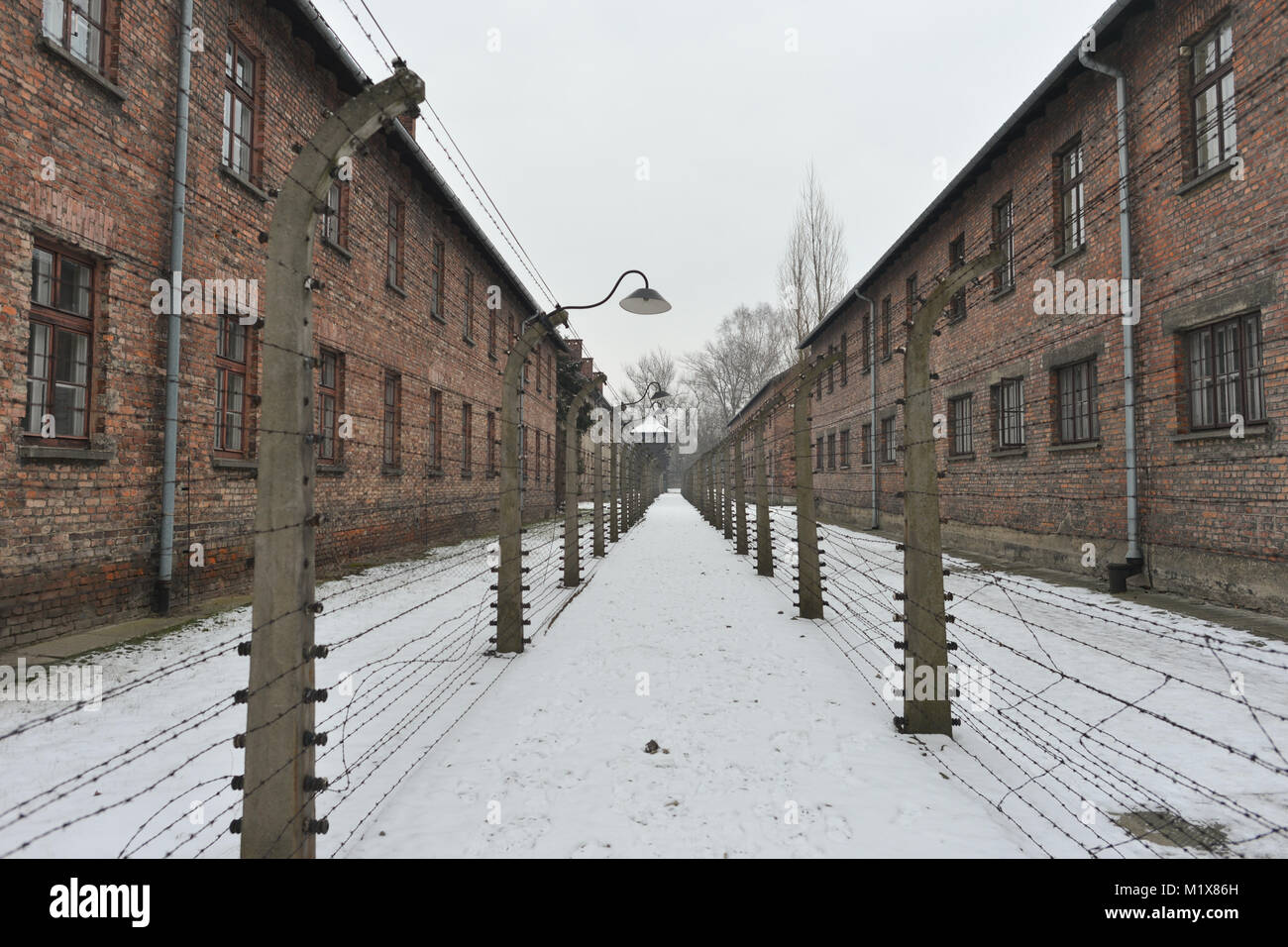 Barbed wire fences, towers and barriers inside Auschwitz I German Nazi concentration and extermination camp on the 73rd Anniversary of Liberation by R Stock Photo