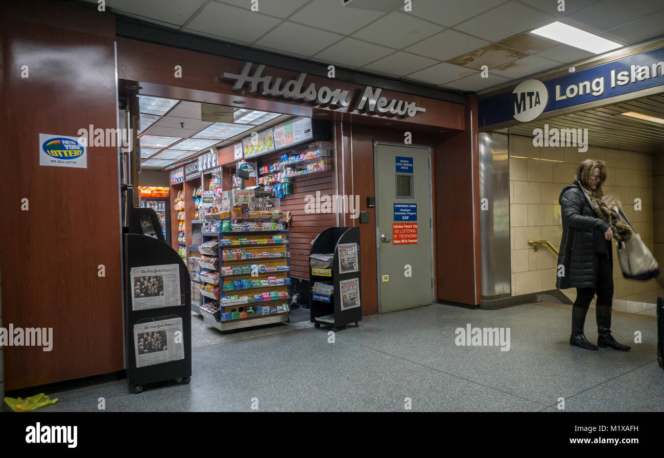 A Hudson News newsstand in Pennsylvania Station in New York on Wednesday, January 31, 2018. Hudson Ltd., the operator of newsstands, bookstores and convenience stores in travel hubs in the U.S. and Canada is planning an initial public offering. The company is currently owned by Swiss-based Dufry AG.(Â© Richard B. Levine) Stock Photo