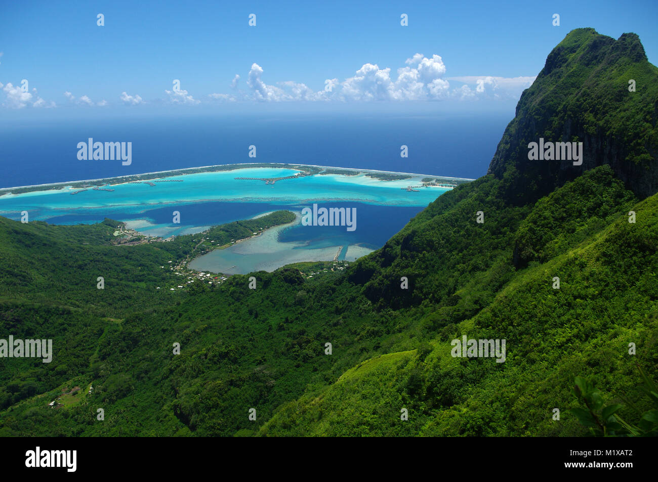 View from the top of Bora Bora of the lagoon and other islands. Stock Photo