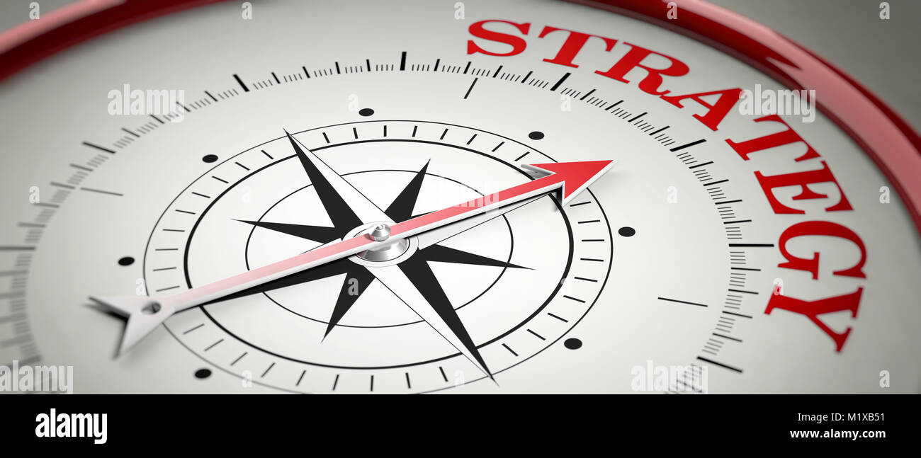 Strategy concept. Compass red arrow pointing at red letters word Strategy. 3d illustration Stock Photo
