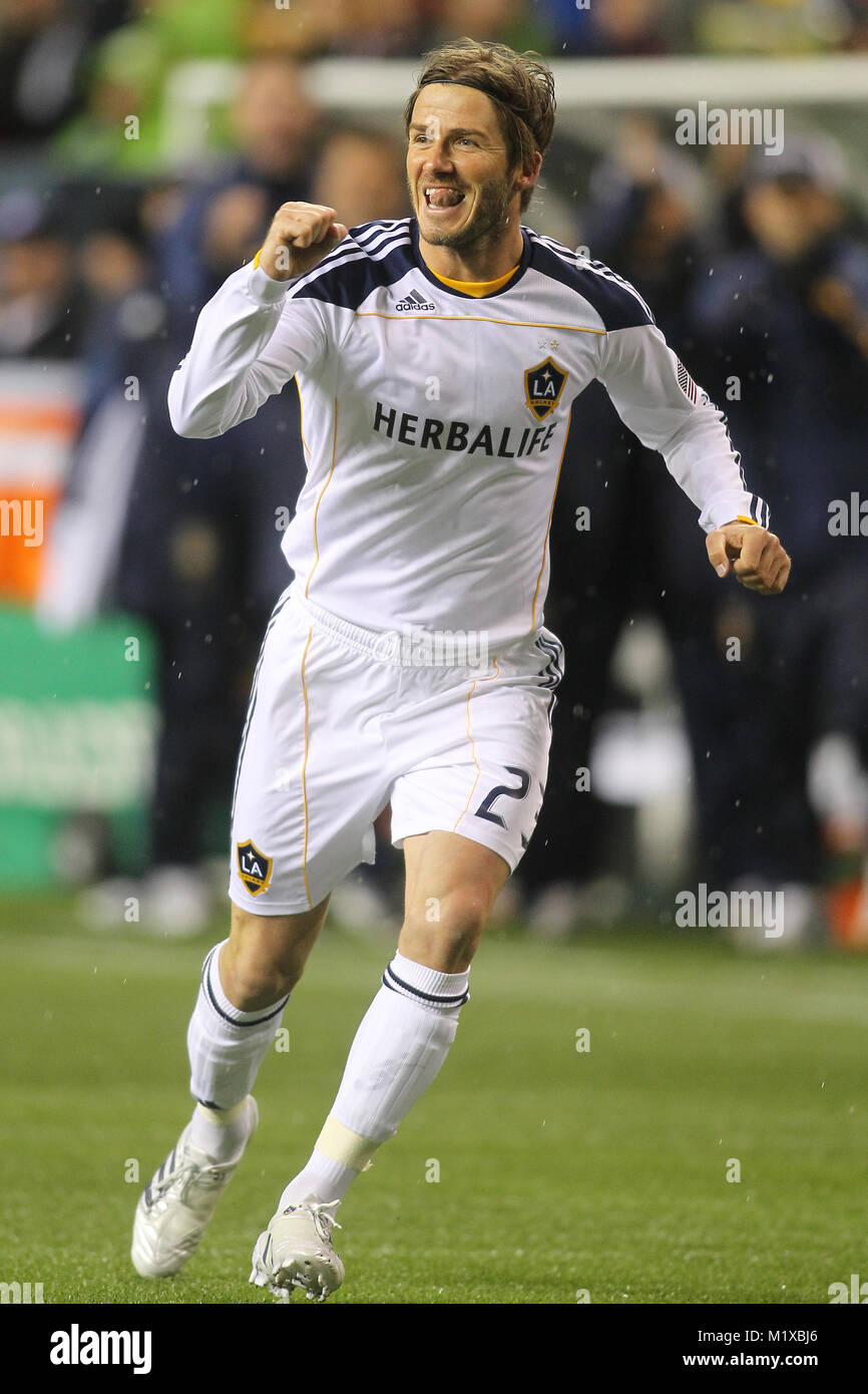 David Beckham of the Los Angeles Galaxy celebrates a goal versus the Seattle Sounders in Seattle, Washington Stock Photo