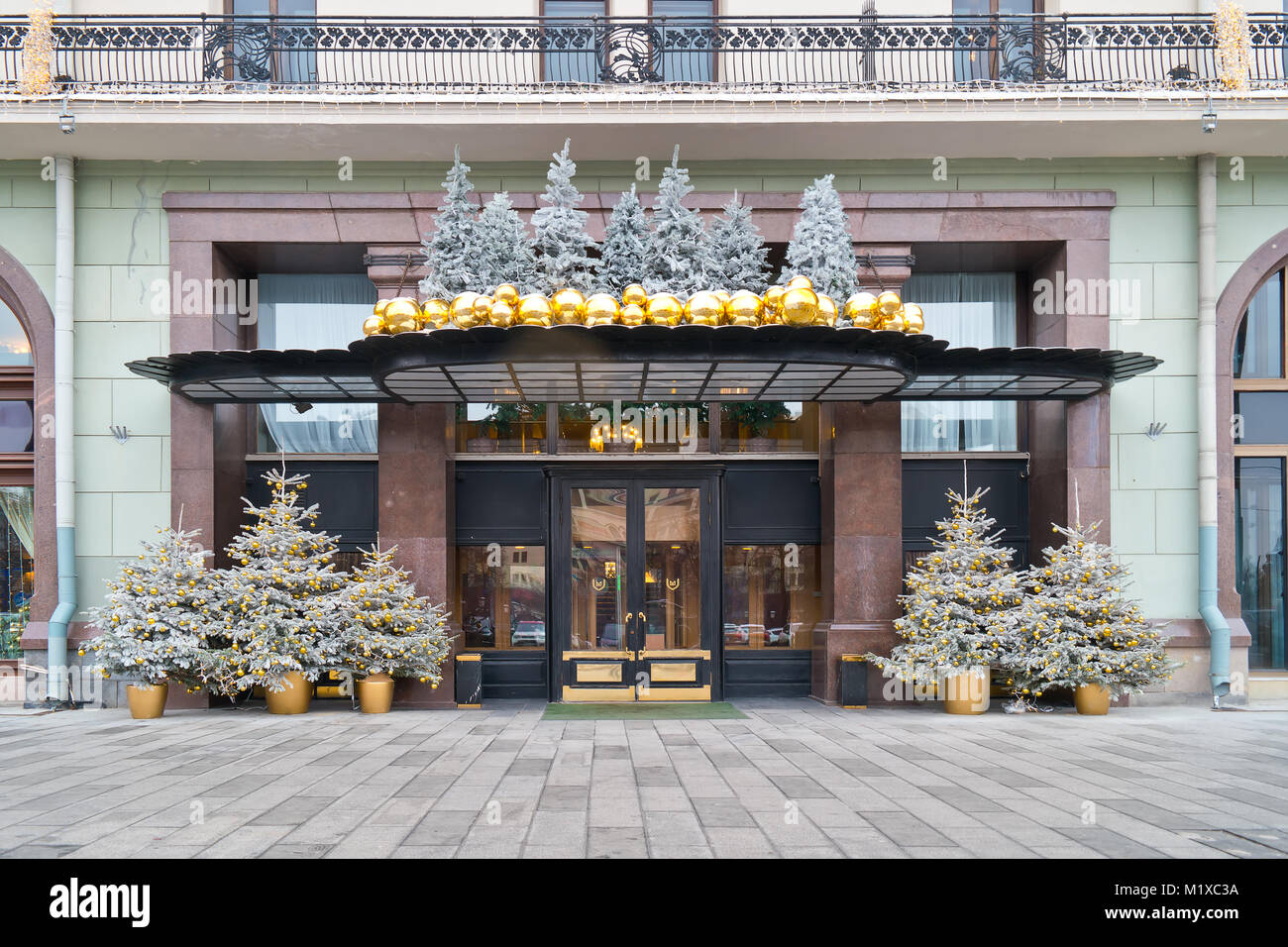 MOSCOW, RUSSIA - January 13.2018: Hotel Metropol at the Revolution square in the city centre. Christmas tree Stock Photo