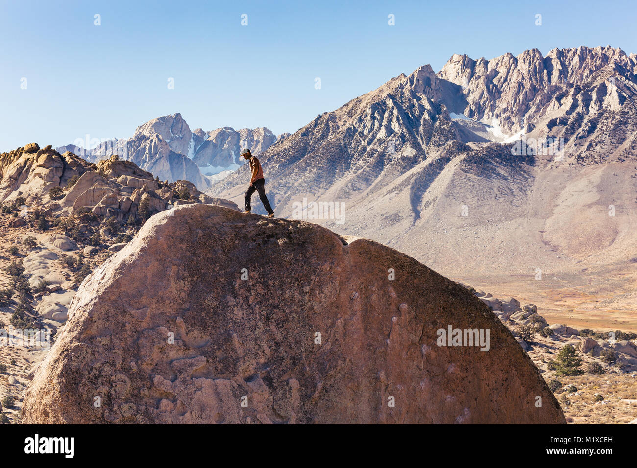 high desert Eastern Sierra California rock wall art fitness lifestyle Climber in the Buttermilk Boulders us travel poster