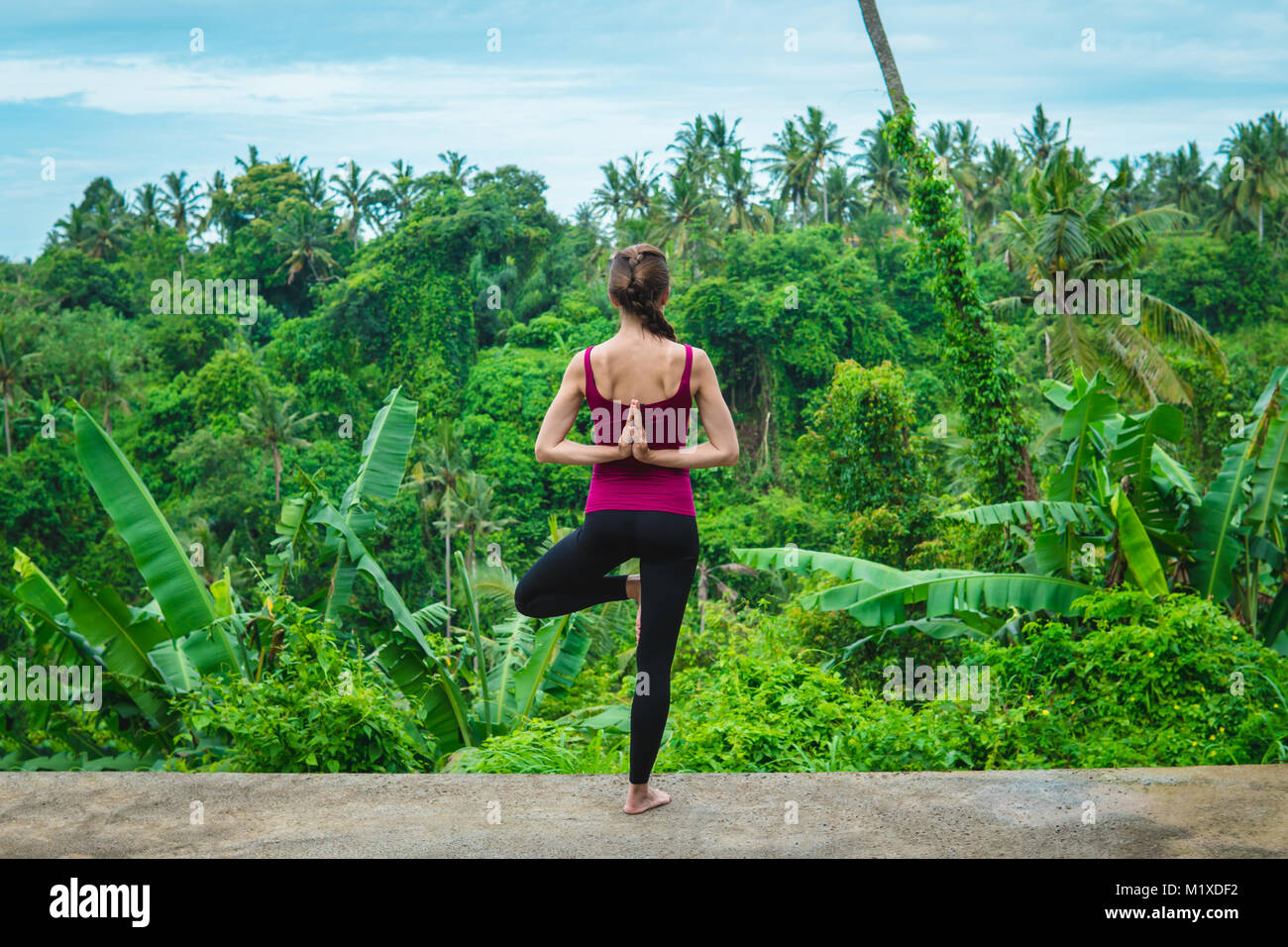 Young woman practicing yoga tree pose with namaste behind the back ...