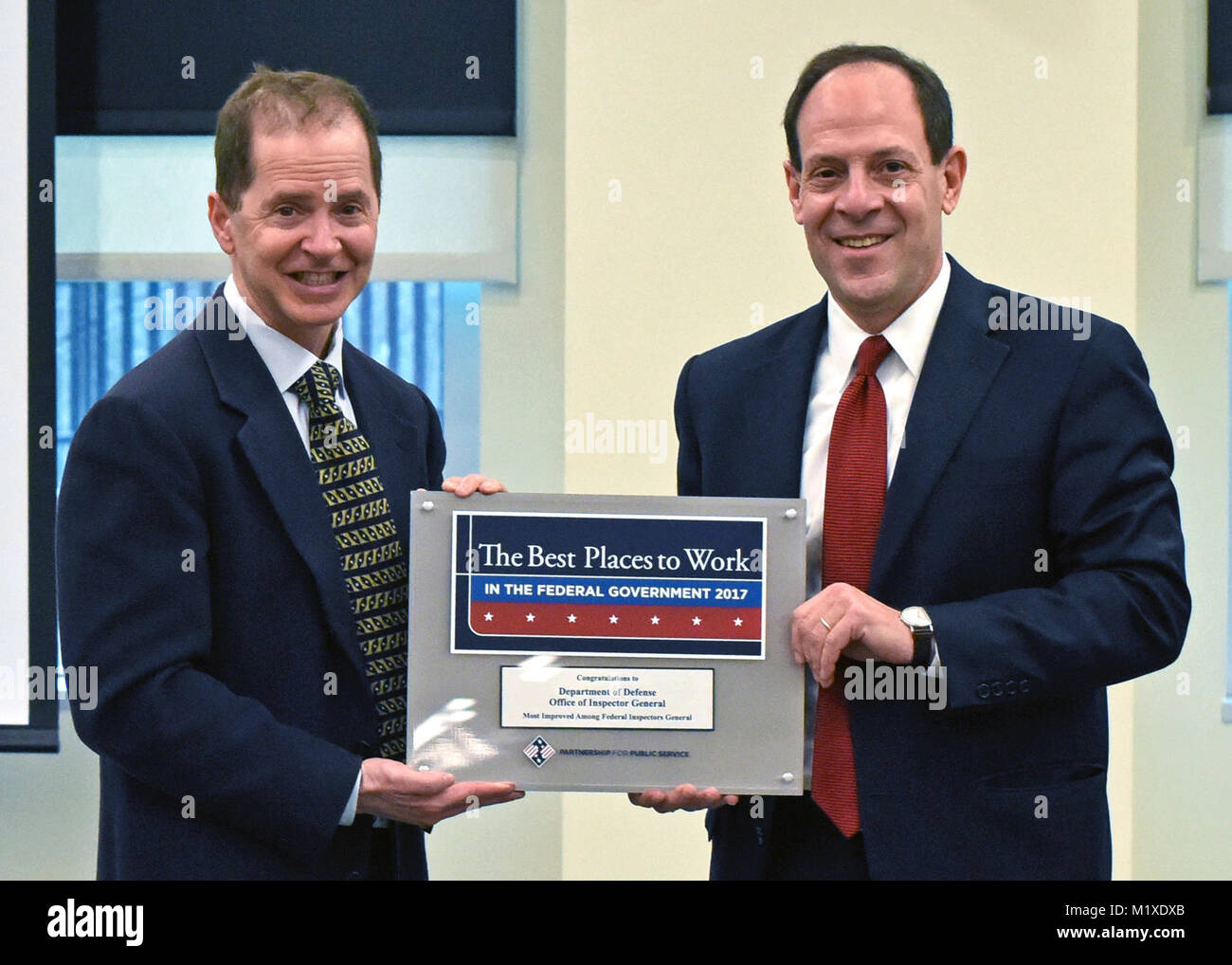 The Department of Defense Office of Inspector General (DoD OIG) was named the “2017 Most Improved Among Federal Inspectors General” by the Partnership for Public Service. The award was based on the results of the annual Office of Personnel Management (OPM) Federal Viewpoint (FedView) Survey.    DoD OIG Principal Deputy Inspector General Glenn Fine accepted the award from Max Stier, founder and CEO of the Partnership for Public Service during a special presentation held January 29 at the Mark Center in Alexandria, Virginia. Stock Photo