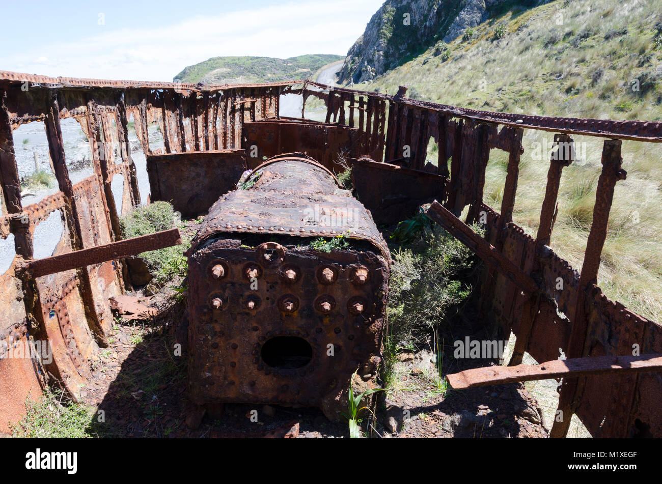 Wreck of iron steamer SS Paiaka, wrecked at Pencarrow in 1906,  Pencarrow Coast Road, Pencarrow Head, Lower Hutt, New Zealand Stock Photo