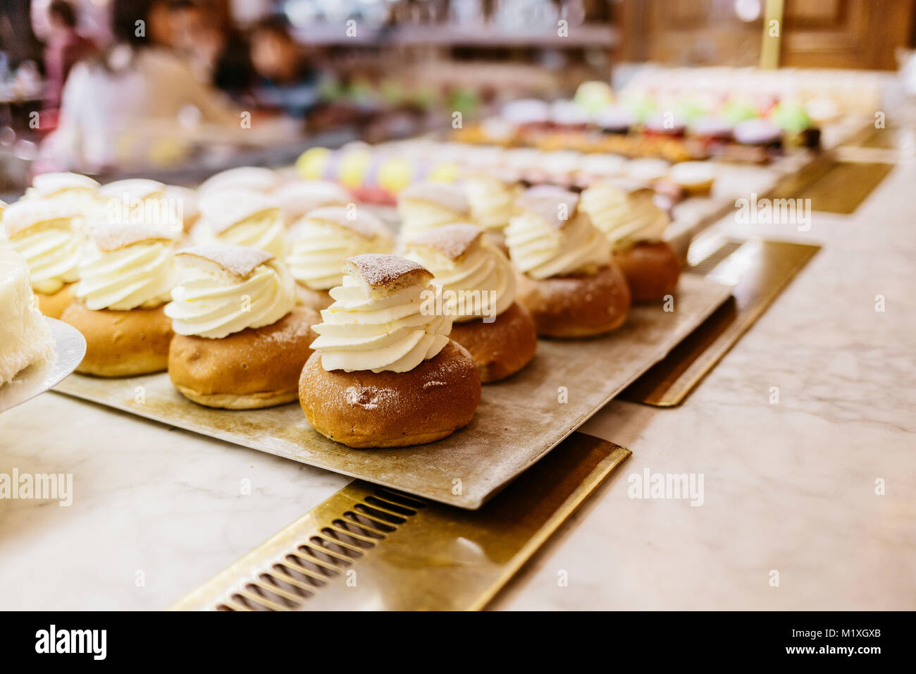 Creamed buns at a bakery in Sweden Stock Photo
