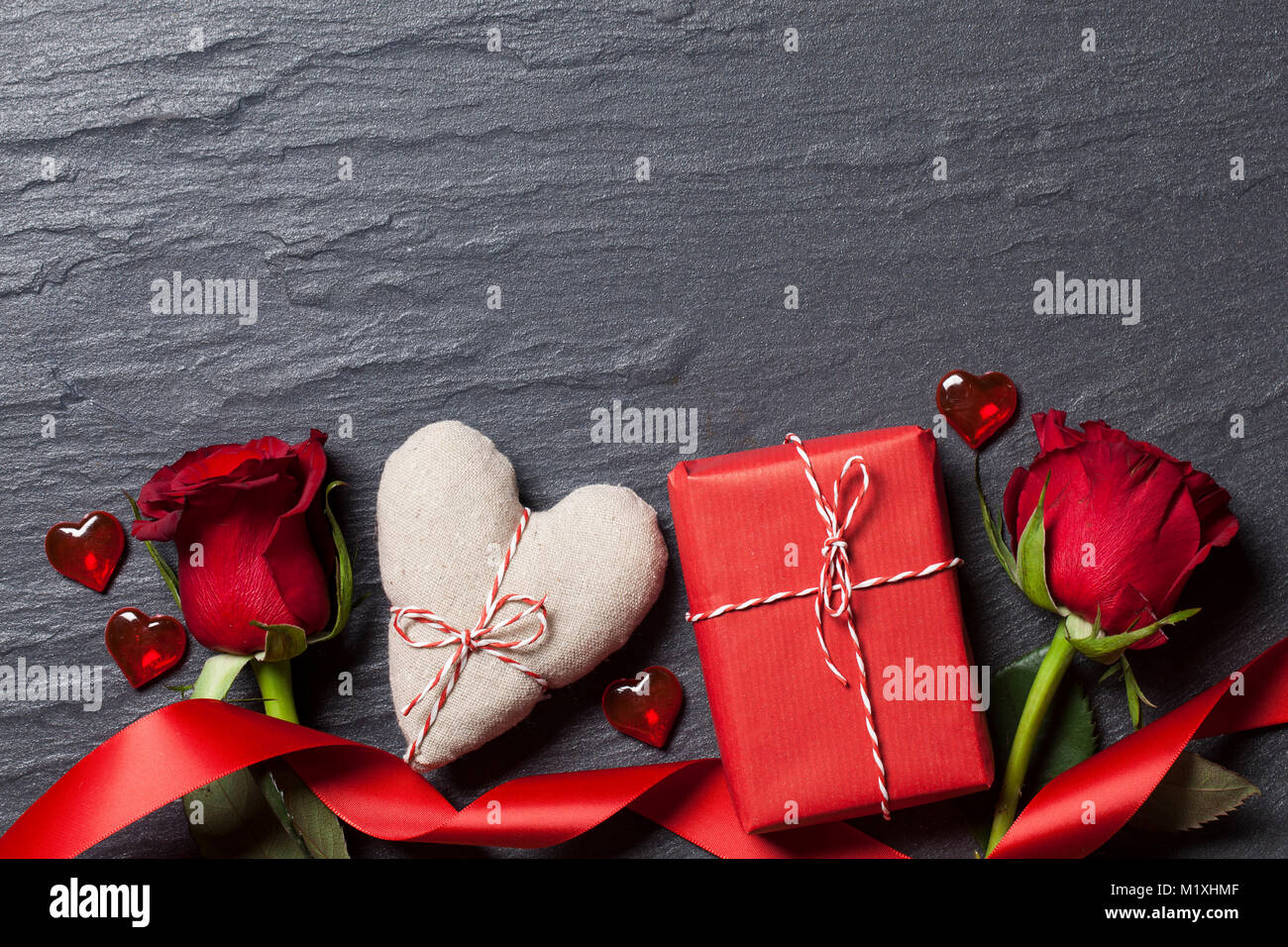 Valentine's day background with red rose, gift box and heart Stock ...