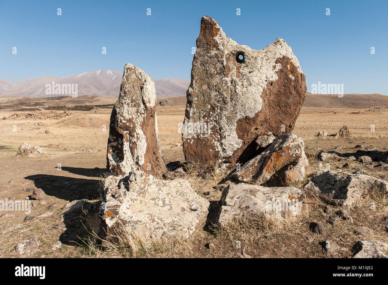 Zorats Karer or Carahunge is a prehistoric site with astronomical menhirs,near the city of Sisian in the Syunik province of Armenia. Stock Photo