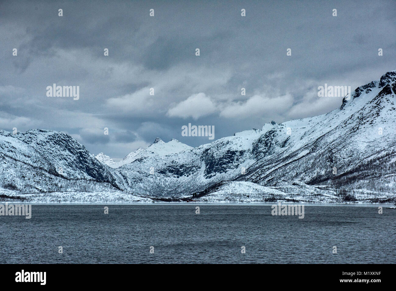 Snow covered landscape in the Lofoten Islands of Norway Stock Photo