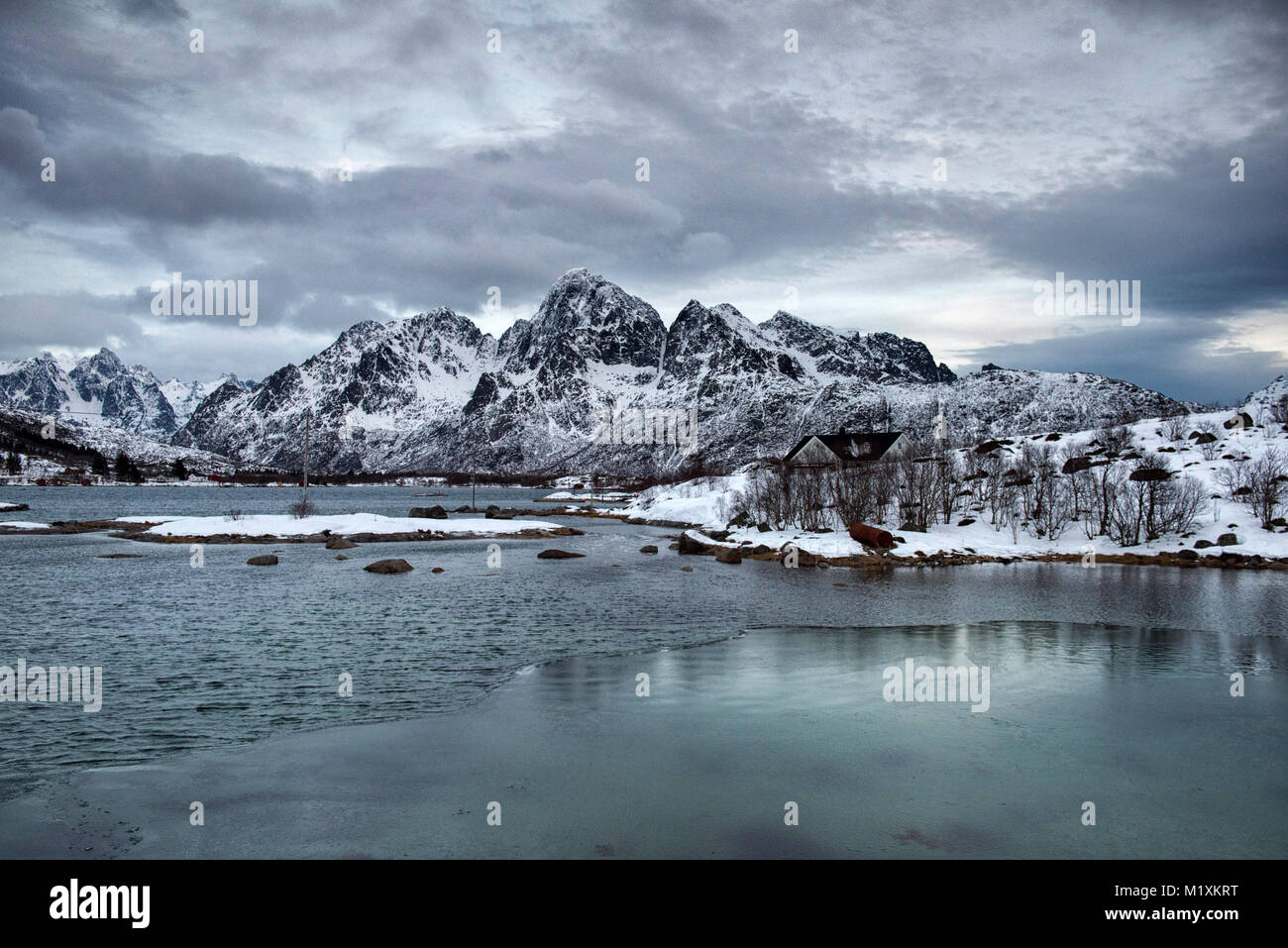 Snow covered landscape in the Lofoten Islands of Norway Stock Photo