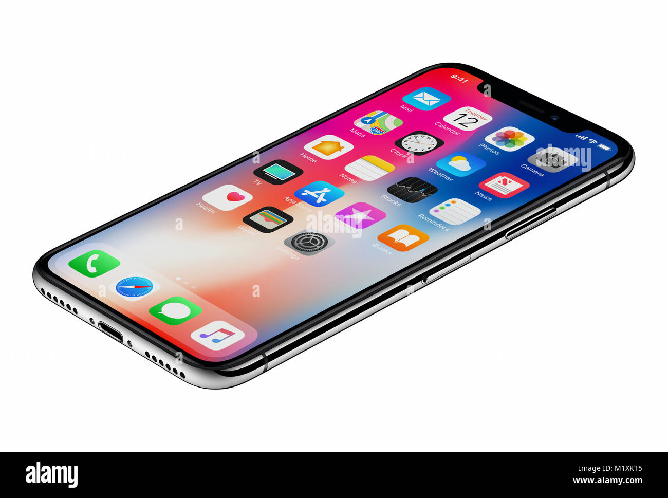 Perspective view new Apple iPhone X 10 isolated on white background. New iOS 11 homescreen on iPhone X frameless display. Stock Photo