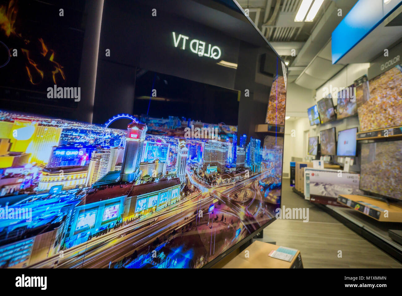 Samsung QLED TV brand 4K Ultra High Definition televisions in a Best Buy electronics store in New York on Friday, January 26, 2018. (Â© Richard B. Levine) Stock Photo