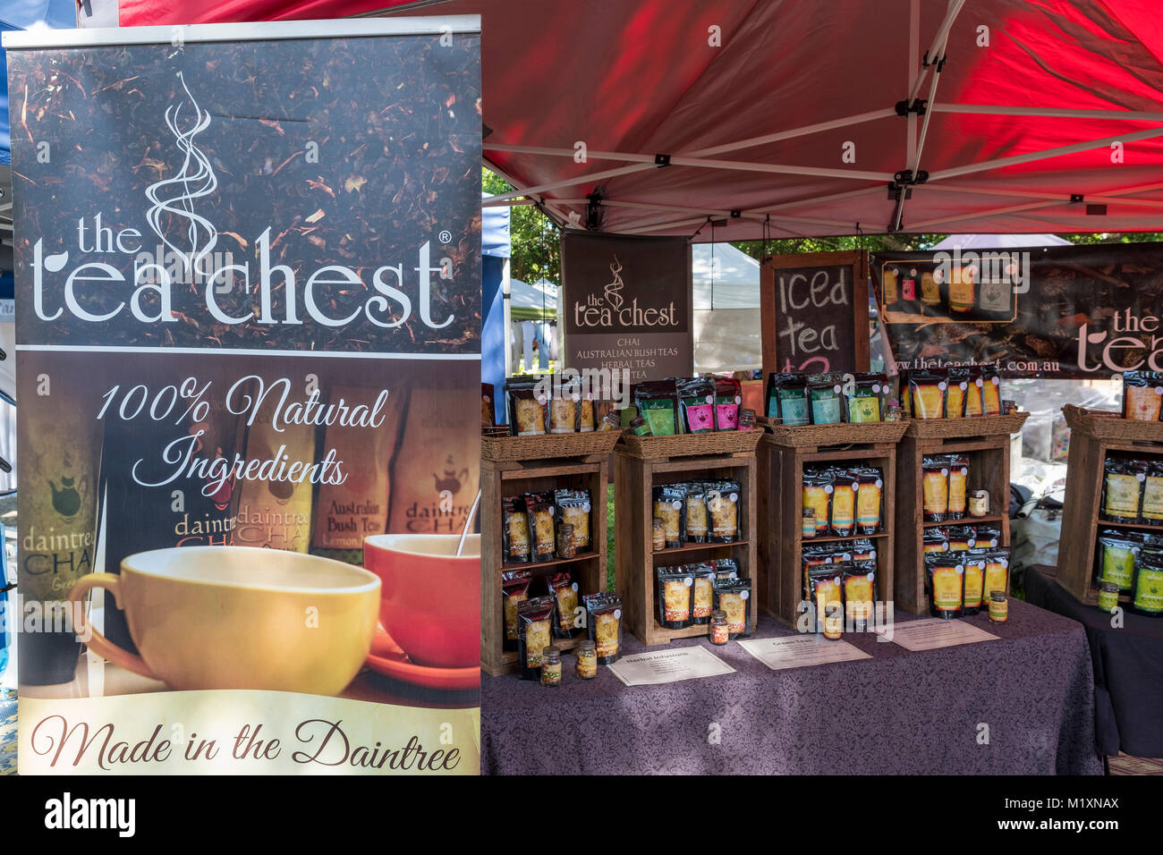 Tea chest market stall selling local teas including Daintree tea at
