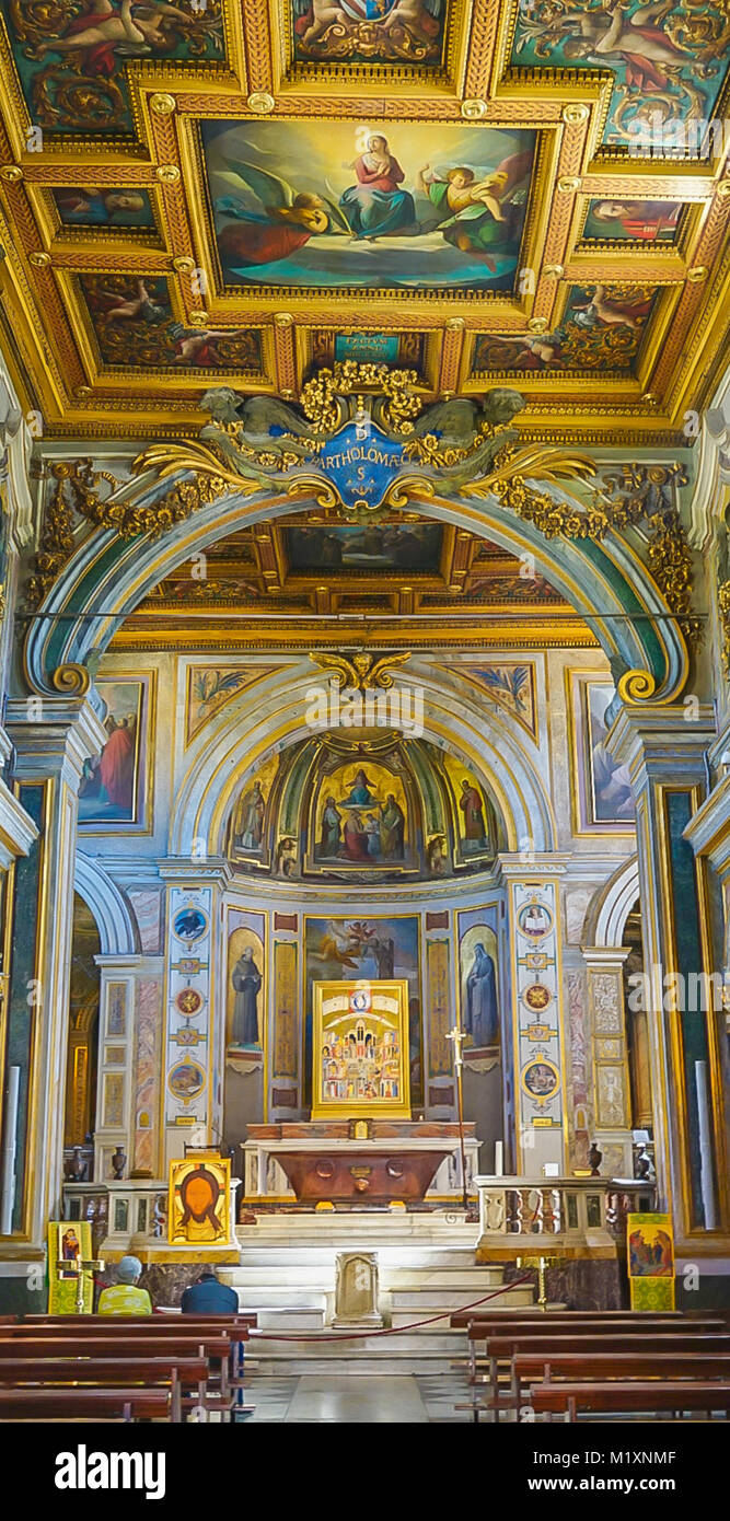 ROME , ITALY- OCTOBER 10, 2017: The Interior of the Basilica of St Bartholomew on Tiber Island Stock Photo