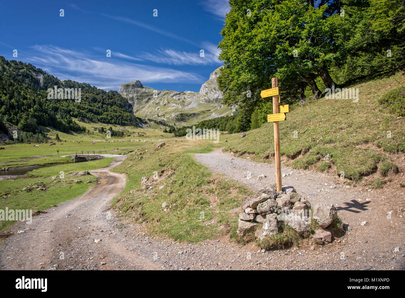 Hiking direction sign, Ossau Valley, Pyrenees, France Stock Photo