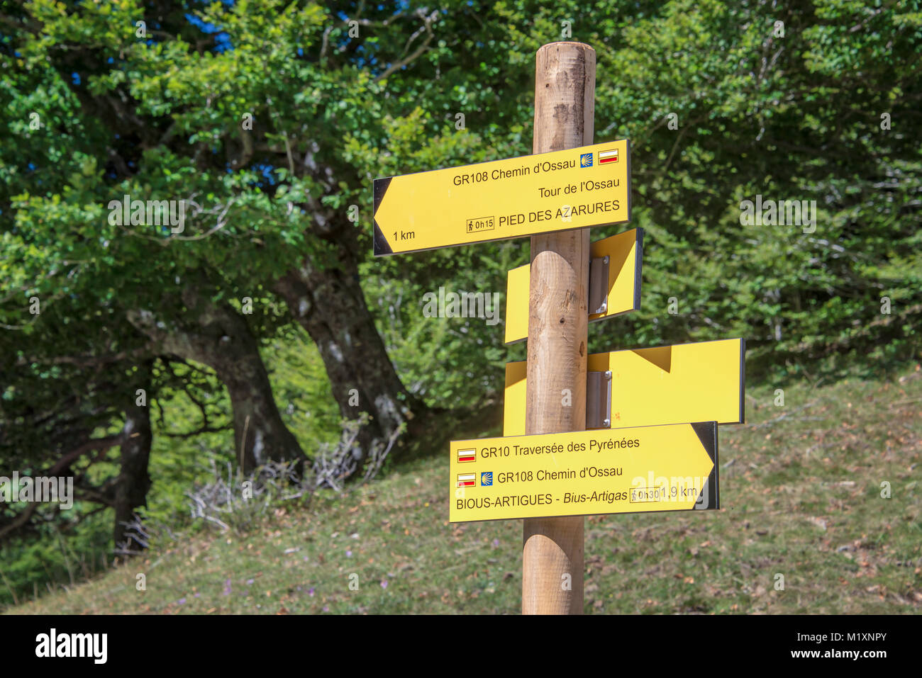 Hiking direction sign, Ossau Valley, Pyrenees, France Stock Photo